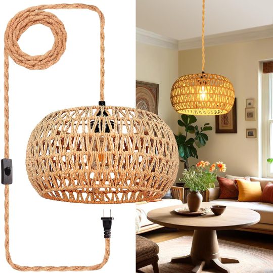 Boho Rattan Hanging Light with Plug – Cozy Pendant for Home & Kitchen!